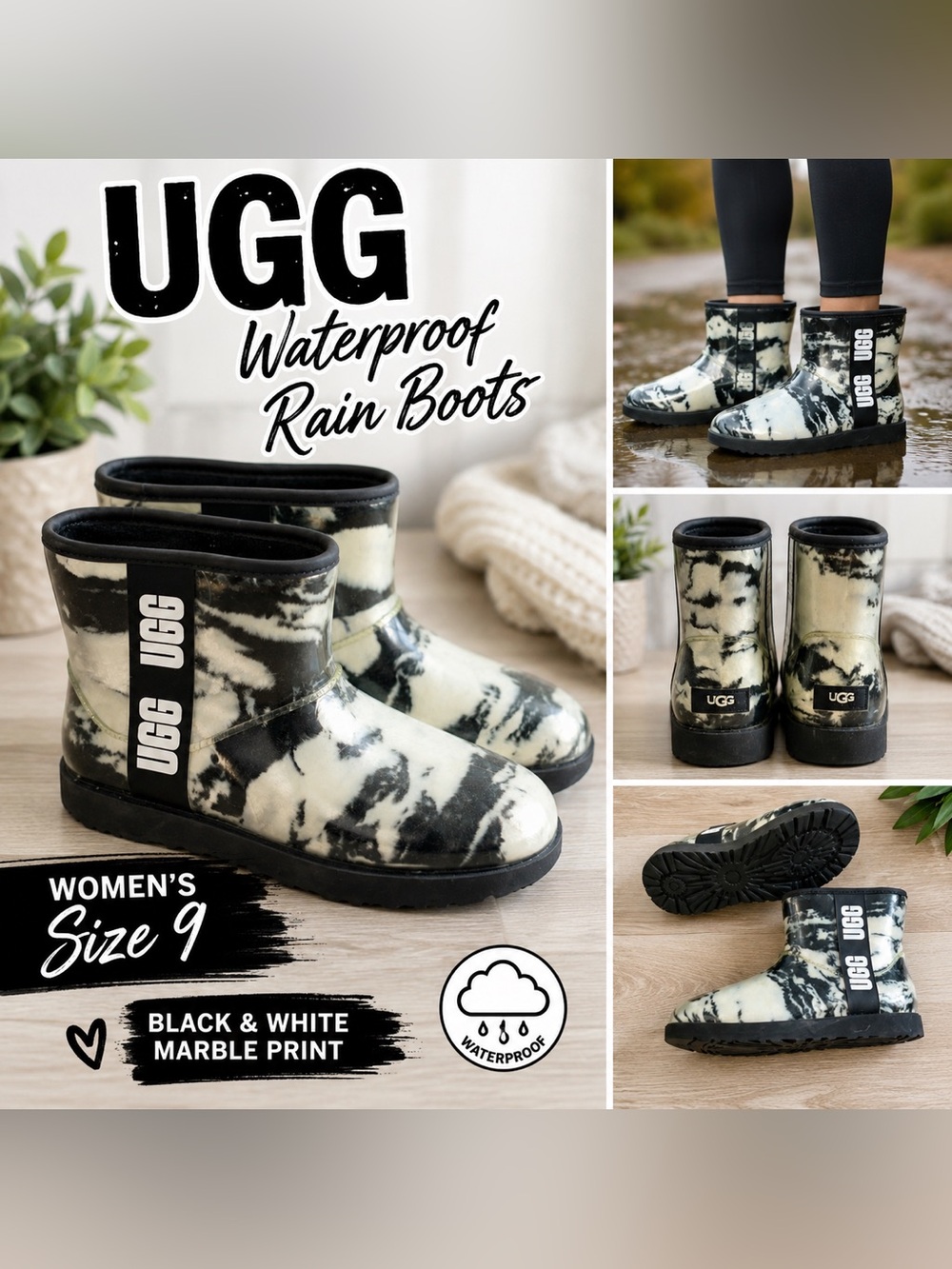 UGG Women’s Tie Dye Waterproof Rain Boots Black White Size 9